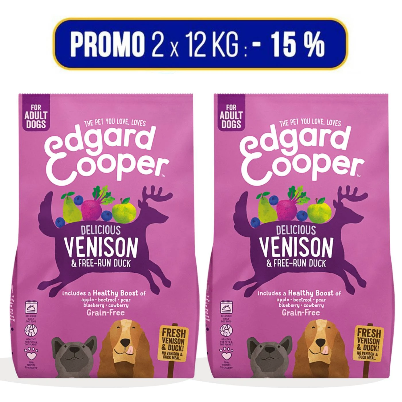 PROMO 2x12Kg Edgard & Cooper Cervo E Anatra Per Cani Adulti