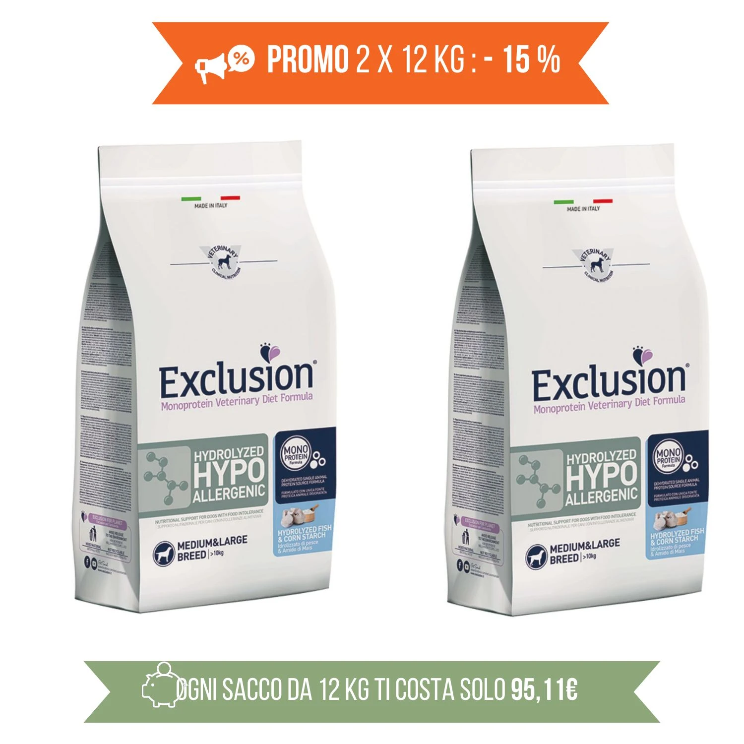 Exclusion Diet Hydrolyzed Hypoallergenic Medium Large Pesce E Amido Di Mais Per Cani - immagine 2